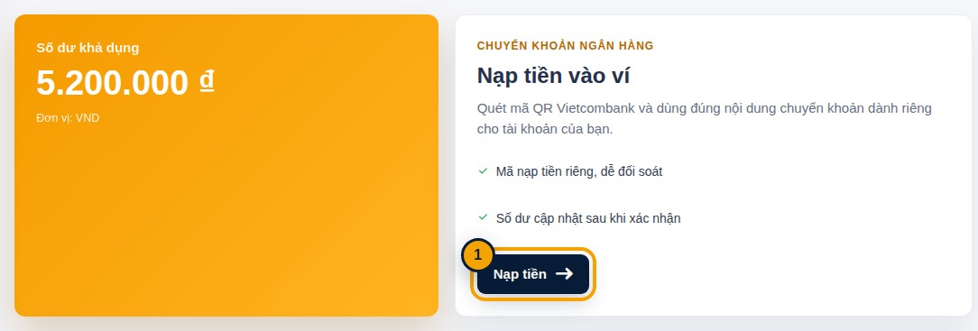 Trang Ví của tôi với nút Nạp tiền được khoanh vàng