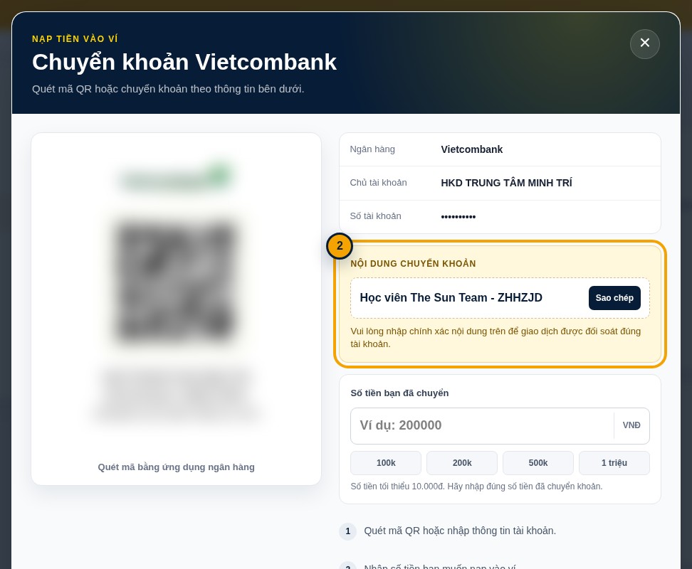 Hộp thoại chuyển khoản với nội dung chuyển khoản được khoanh vàng