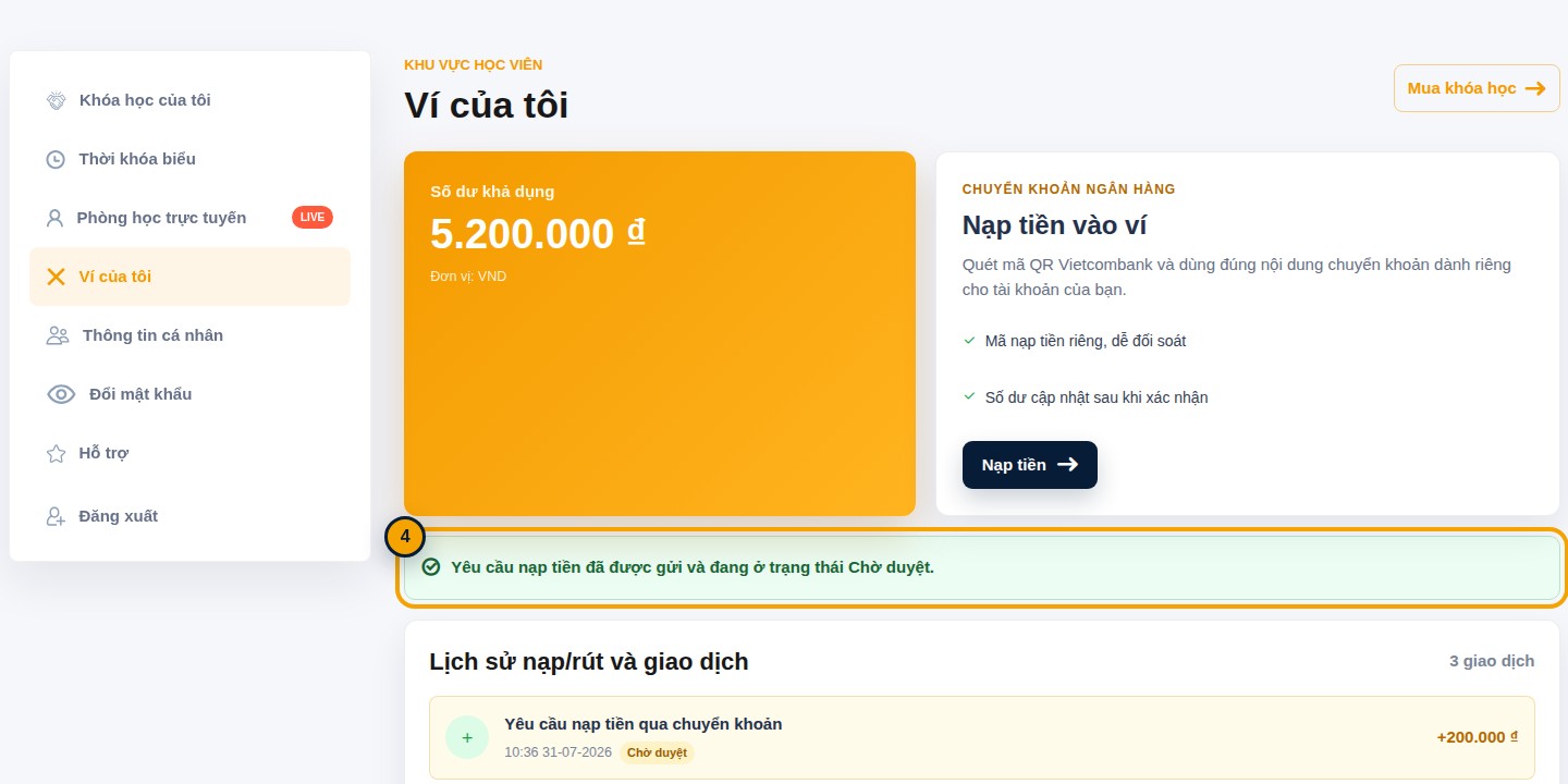 Thông báo yêu cầu nạp tiền đã gửi và giao dịch ở trạng thái Chờ duyệt