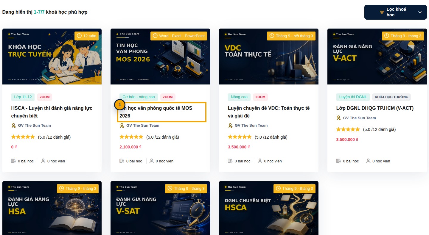 Danh sách khóa học với khóa MOS 2026 được khoanh vàng