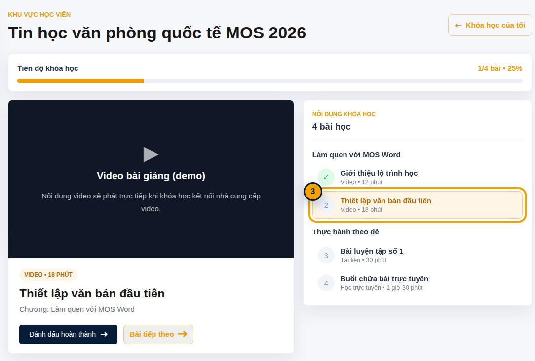 Phòng học khóa MOS với một bài chưa hoàn thành được khoanh vàng