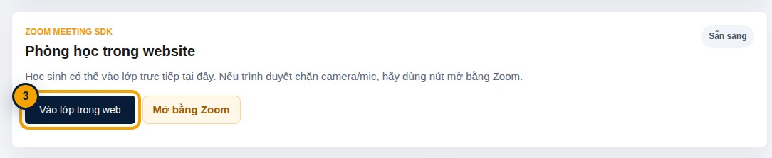 Khung học ở đầu trang phòng học với nút Vào lớp trong web được khoanh vàng